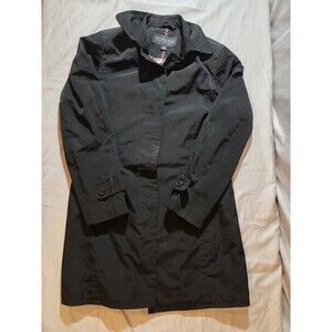 Towne Rain Trench Coat Womens Small Black Floral Lined Belted Waist Button Front